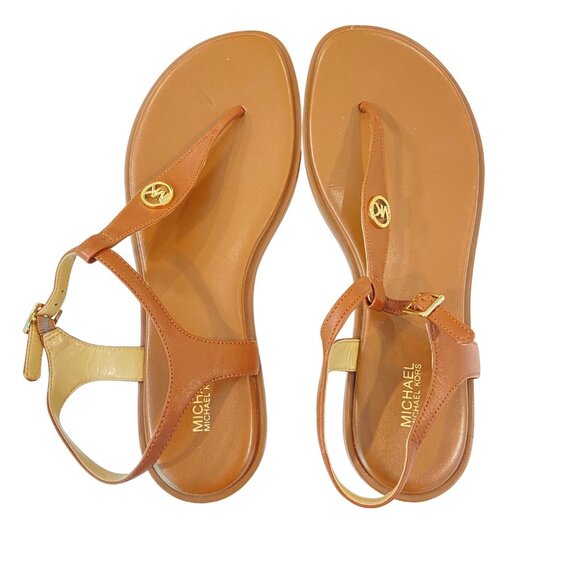 Michael Kors Womens Brown Leather Logo Flat Sandals Size 10 With Gold Buckle Det - Picture 1 of 14